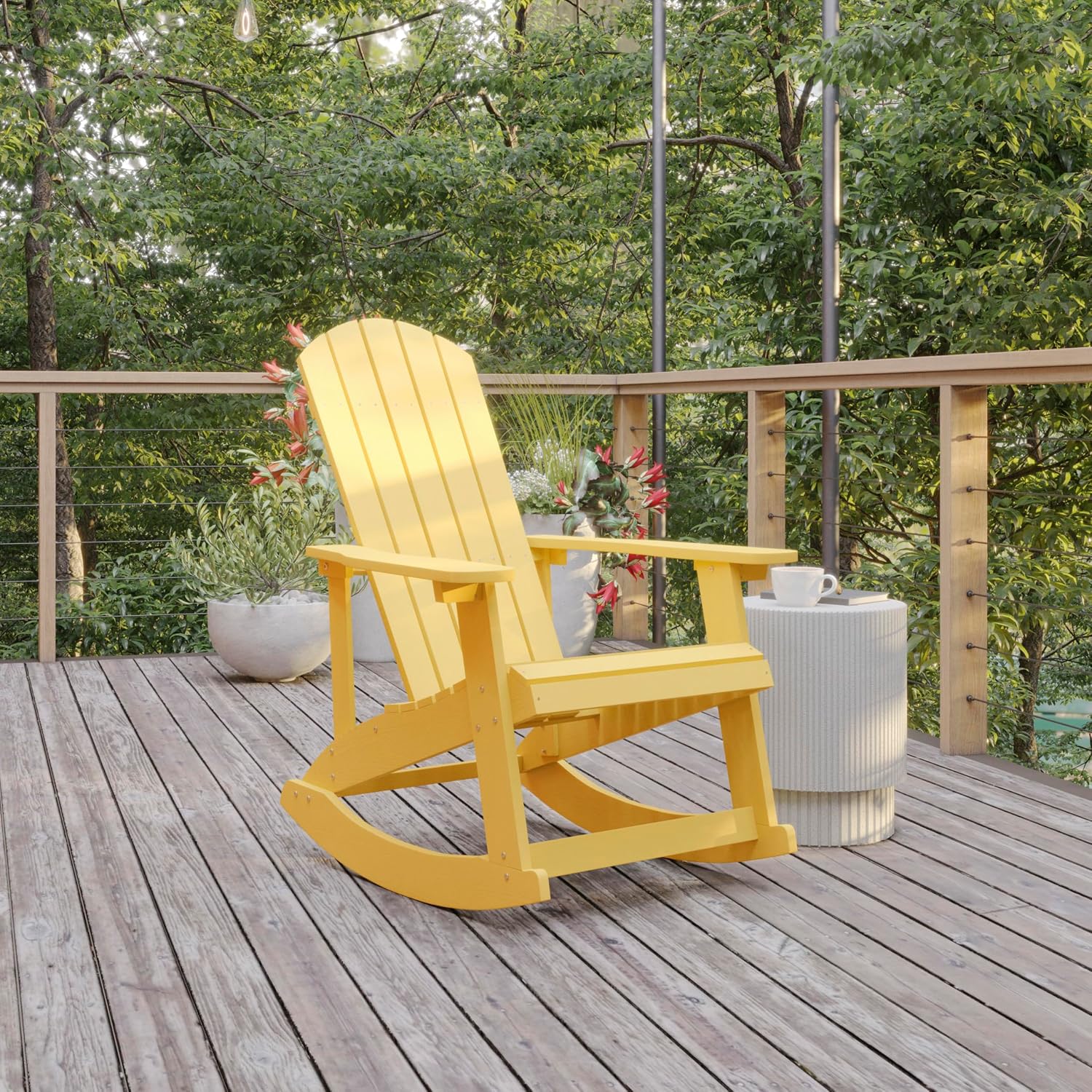 Flash Furniture Savannah Poly Resin Wood Adirondack Rocking Chair - All Weather Yellow Polystyrene - Stainless Steel Hardware