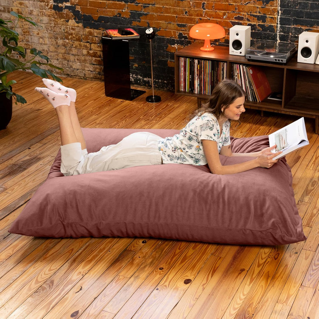 Pillow Saxx Bean Bag Rocking Chair - Elegant Oversized Rocker with Modern Wood Frame, Lush Velvet Mauve