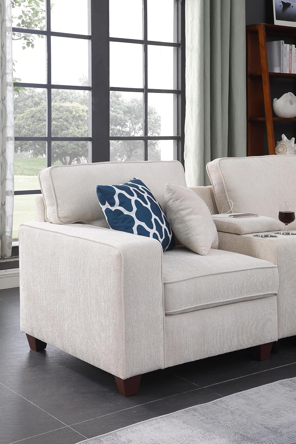 YOPTO 127' L-Shaped Sectional Couch with Movable Ottoman & 6 Throw Pillows,7 Seat Chenille Upholstered Sofa W/2 Cup Holder,USB Port & Hidden Storage Box,DIY Combination,for Living Room,Apartment,Beige