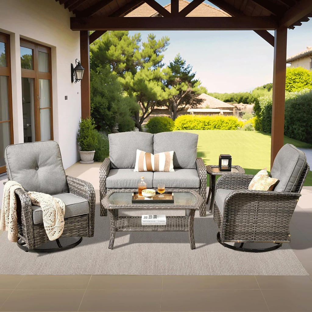 ovios 5-Piece Patio Furniture Set, Outdoor Wicker Sofa with Swivel Chairs Coffee Table, High Back Rattan Couch Loveseat with Comfy Cushions for Porch Yard Deck, Dark Grey