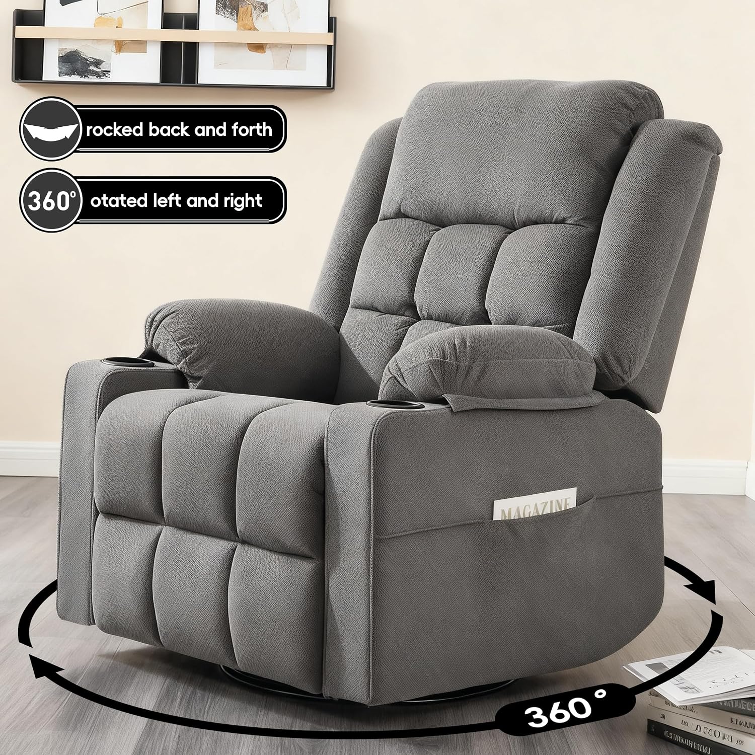 Swivel Rocker Recliner Chair with Massage and Heating,Cup Holders,Glider Recliner for Adults,Soft Fabric Living Room Nursing Reclining Sofa Chair
