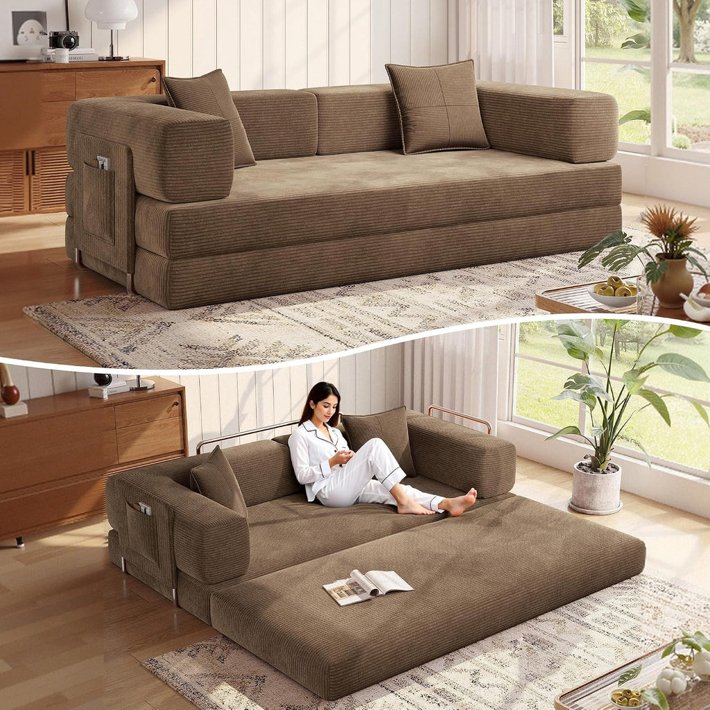 MoonSpeak 78.8''Sleeper Couch Bed for Livingroom,Convertible Modular Sofa with Armrest Pillow,Modular Foldable Corduroy Couches in a Box,No Assembly (Brown)