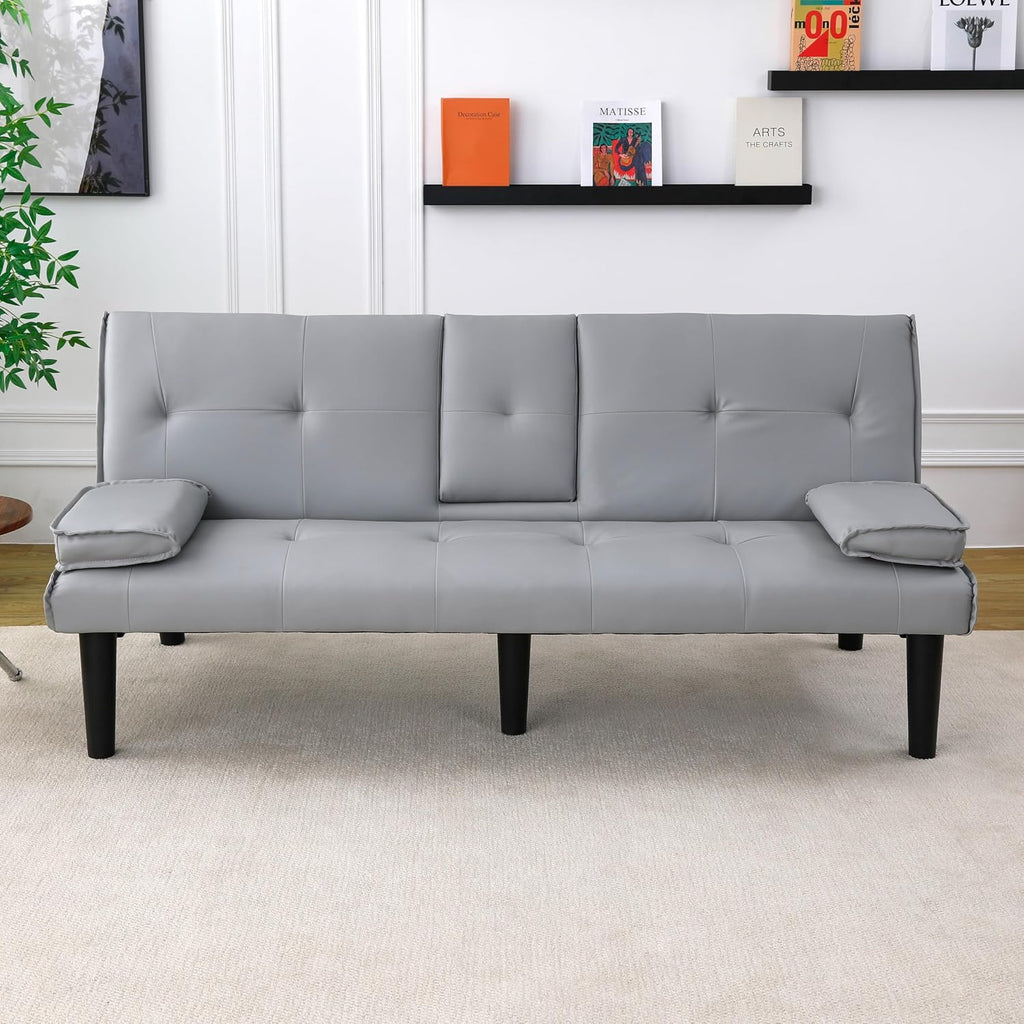 KEIKI 3 in 1 Convertible Sleeper Sofa Bed with Cup Holder, Futon Sofa for Living Room, Dorm, or Home Office, Light Gray