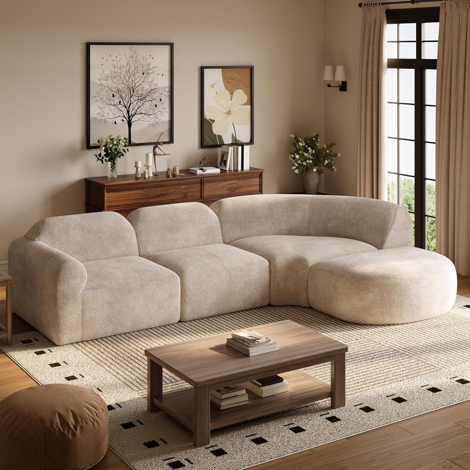 Merax Modern Curved Sectional Sofa with Ottoman, Couch 4-Piece Set High-Density Compressed Sponge, Fully Assembled, Right Hand Facing, Plush Deep Seat for Living Room, Lounge, Apartment, Espresso