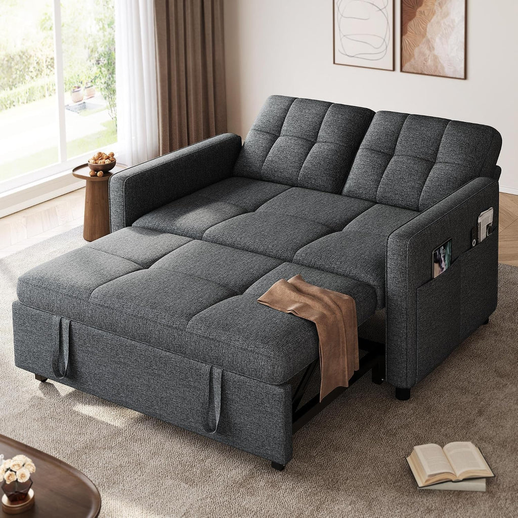 YITAHOME 55' Convertible Sofa Bed, 3-in-1 Sleeper Sofa with Iron Frame Pull-Out Bed, Linen Futon Couch with Reclining Backrest and Side Pocket, Modern Loveseat for Living Room Bedroom Apartment, Grey