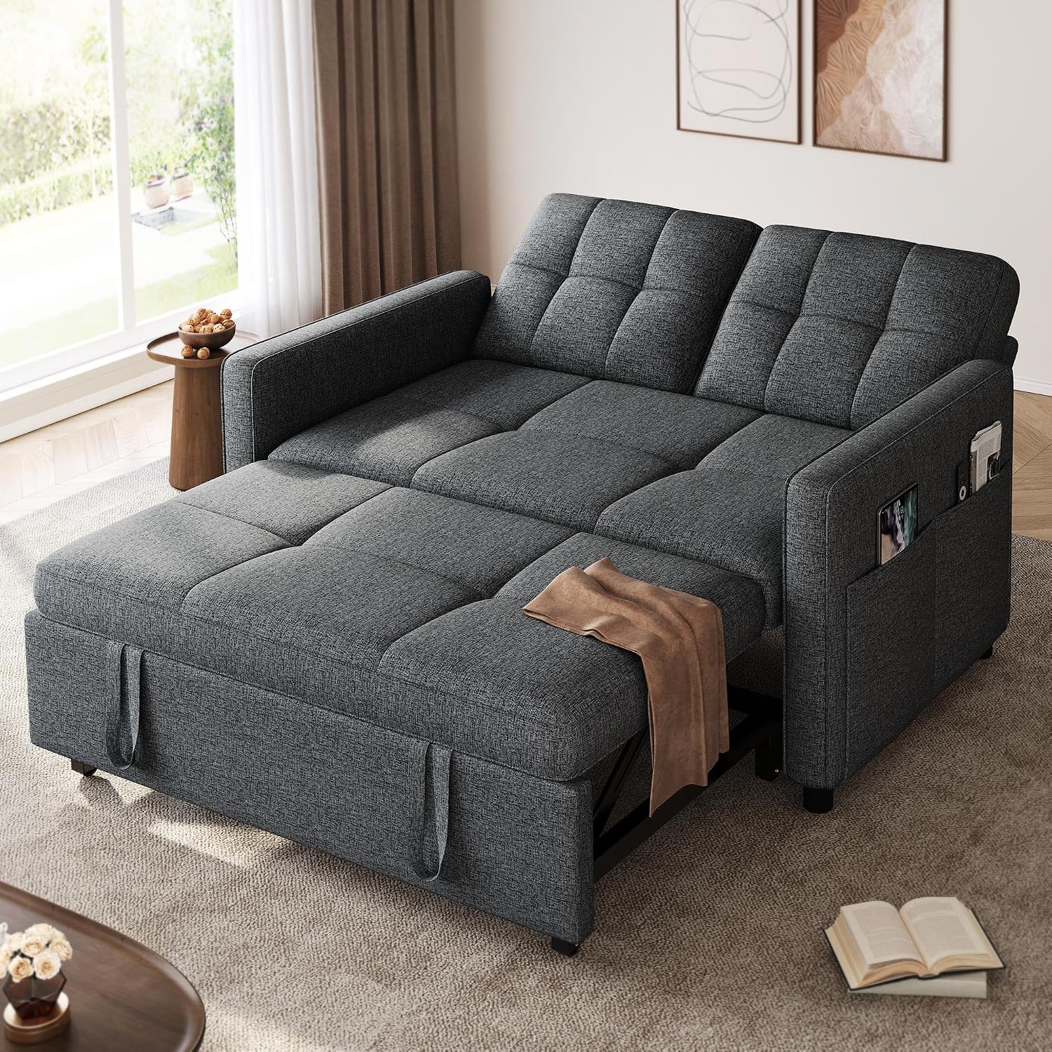 YITAHOME 55' Convertible Sofa Bed, 3-in-1 Sleeper Sofa with Iron Frame Pull-Out Bed, Linen Futon Couch with Reclining Backrest and Side Pocket, Modern Loveseat for Living Room Bedroom Apartment, Grey