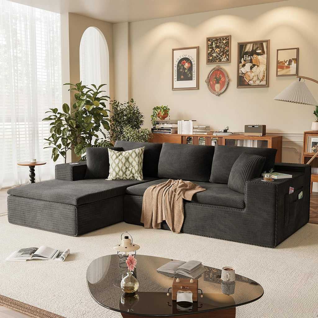 Homall 109' Boneless Couch with Memory Foam, Modular Sectional Sofa with L-Shape Chaise, Cloud Couch with Deep Seat, Dual Cup Holders & Side Pockets, No Assembly Required (Black)