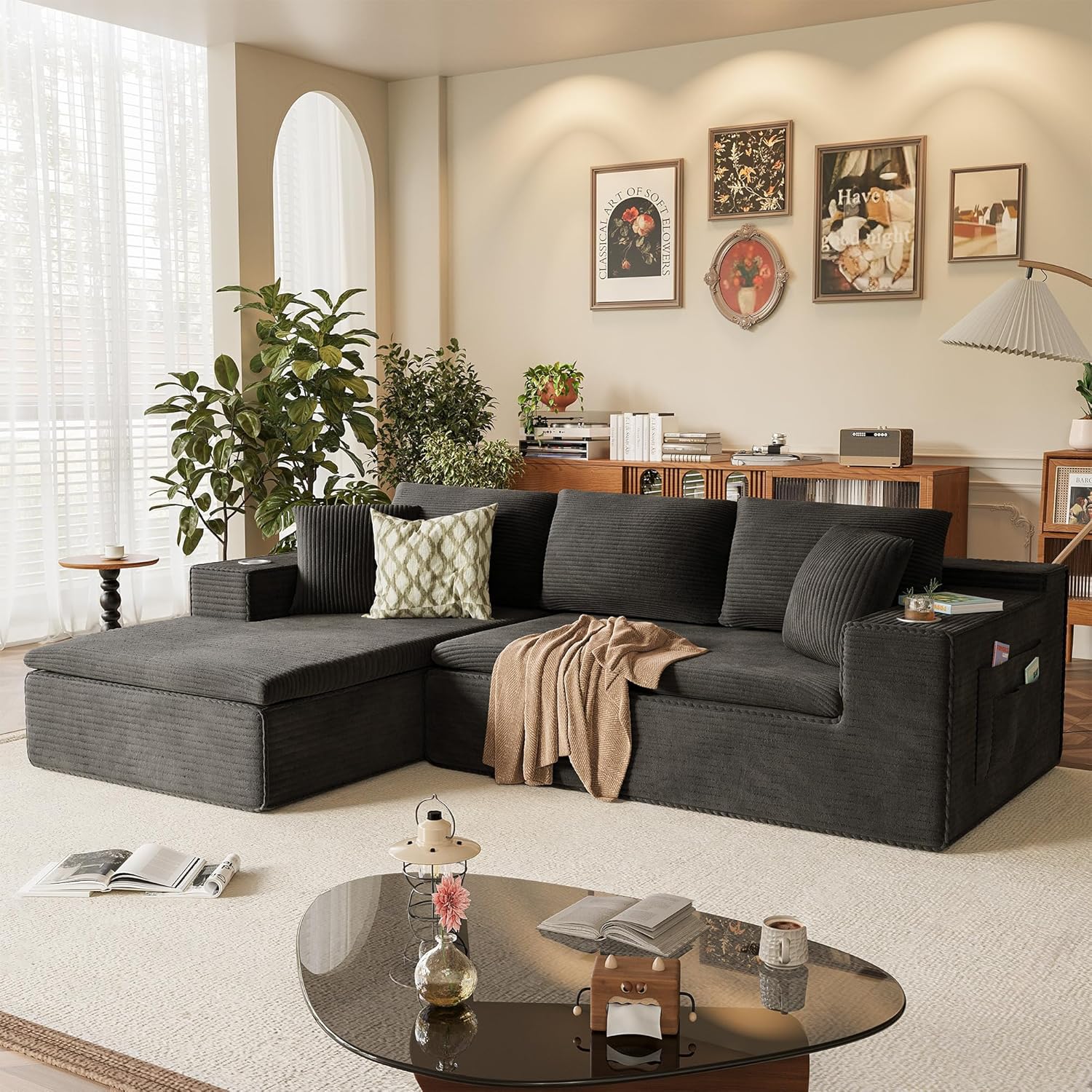 Homall 109' Boneless Couch with Memory Foam, Modular Sectional Sofa with L-Shape Chaise, Cloud Couch with Deep Seat, Dual Cup Holders & Side Pockets, No Assembly Required (Black)