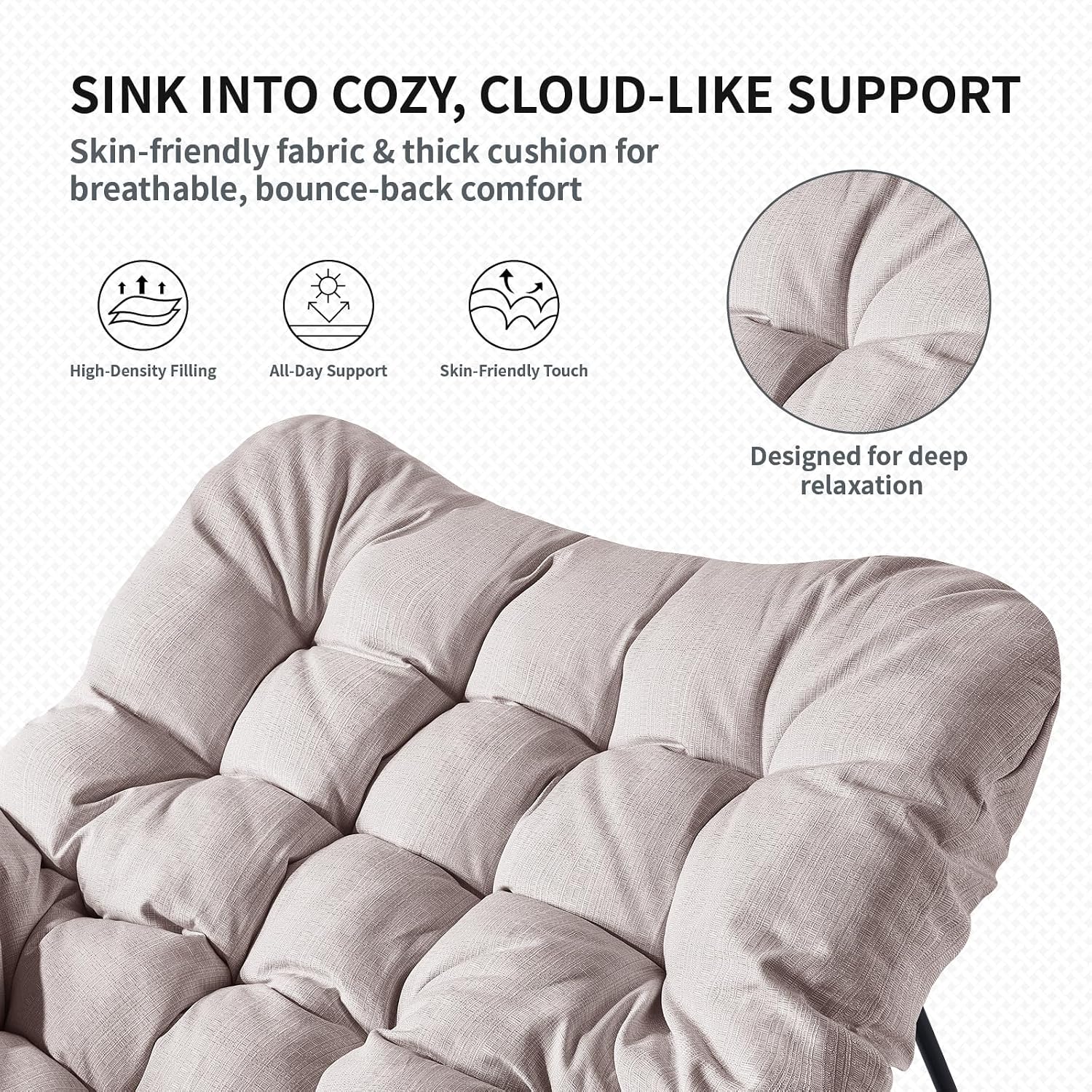 Outdoor Rocking Chair, Oversized Patio Papasan Wicker Chair with Cushion Indoor Egg Chair for Bedroom, Living Room, Porch, Garden, Lawn (Beige)