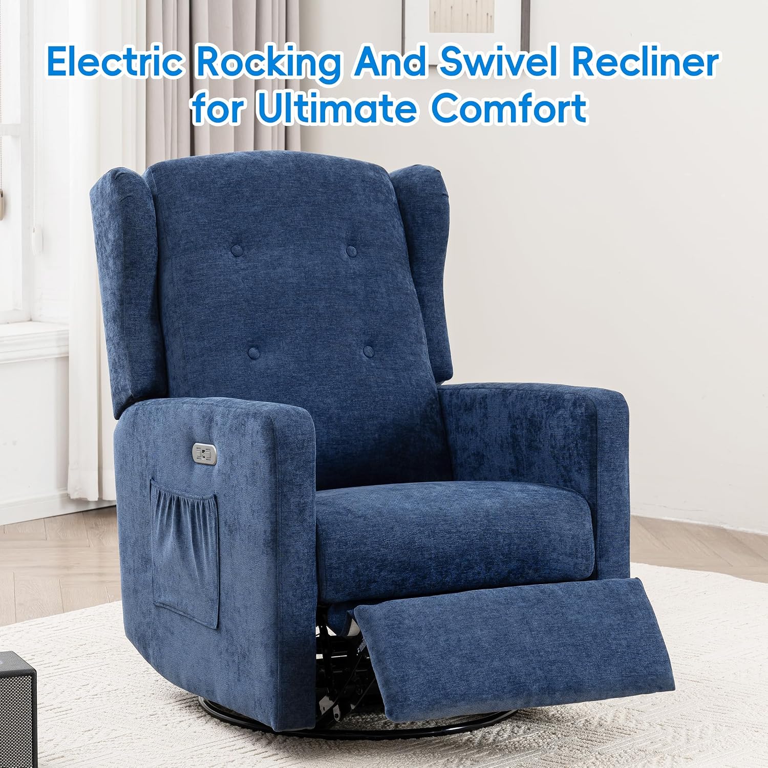Swivel Rocker Power Recliner Chair for Nursery, 270° Swivel Glider Recliner with USB & Type-C Charging, Electric Reclining Chair with Storage Pockets, Upholstered Recliner for Living Room (NavyBlue)