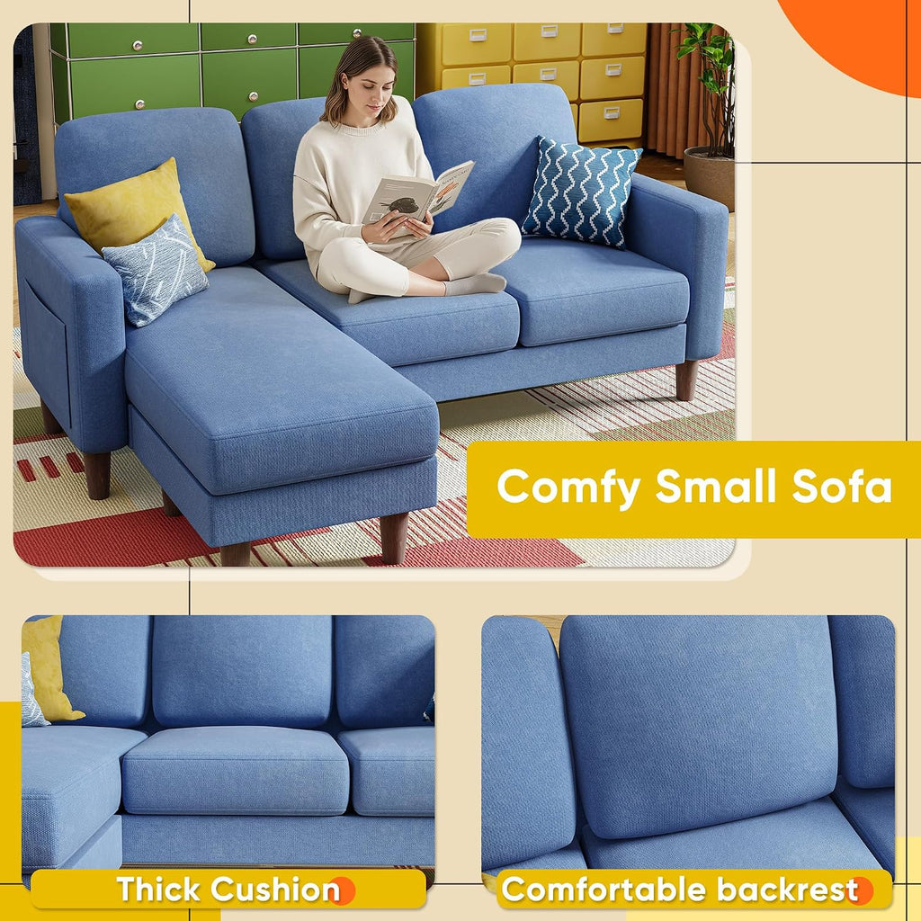 YESHOMY Couches for Living Room, Sofa with Movable Ottoman, Small Couch with Reversible Chaise and Side Pockets, L Shaped Couch for Small Space, Apartment (Linen Fabric, Blue)
