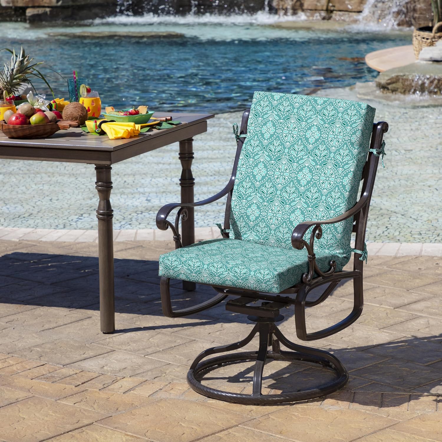 Arden 4-Pack Outdoor Patio Dining Chair Cushion, 20x44, Rain-Proof Seat Pad, Fade-Resistant Outdoor Cushion Turquoise Daphne Medallion