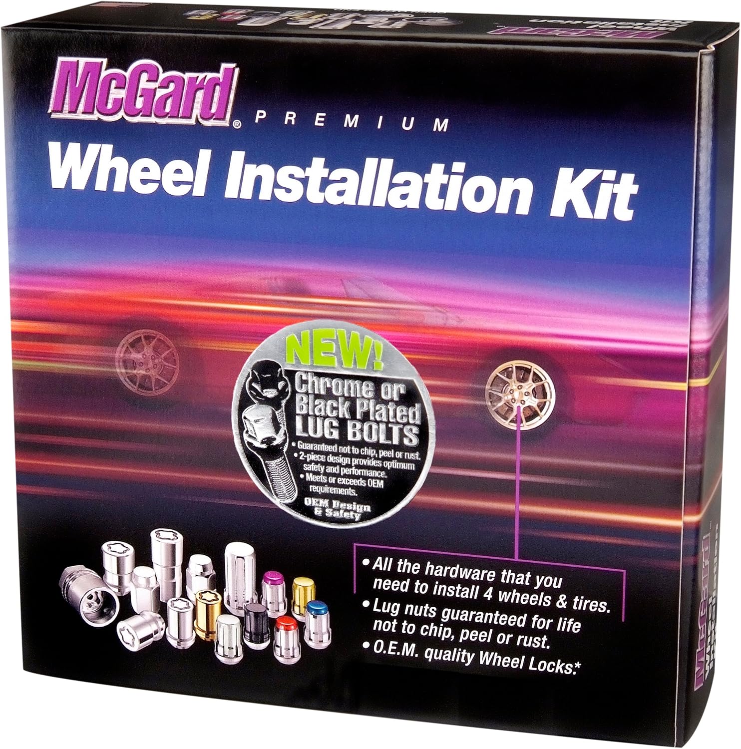 McGard 67179 Chrome M12 x 1.5 Thread Size Cone Seat Lug Bolt Wheel Installation Kit for 5 Lug Vehicles, 16 Lug Bolts / 4 Locks / 1 Key / 1 Storage Pouch