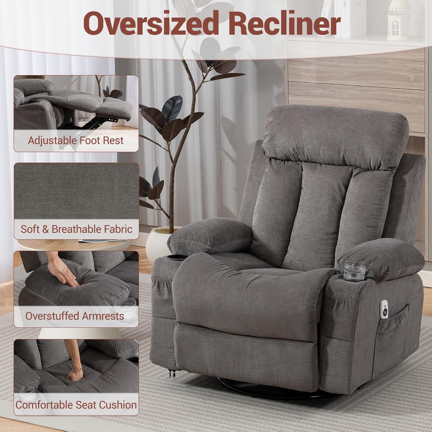 Rocker Recliner, Glider Recliner Chairs for Adults, 360° Swivel Recliner Chair w/Massage and Heating, Nursery Chair with Rocking Function, Side Pocket, Cup Holders for Living Room, Bedroom, Grey