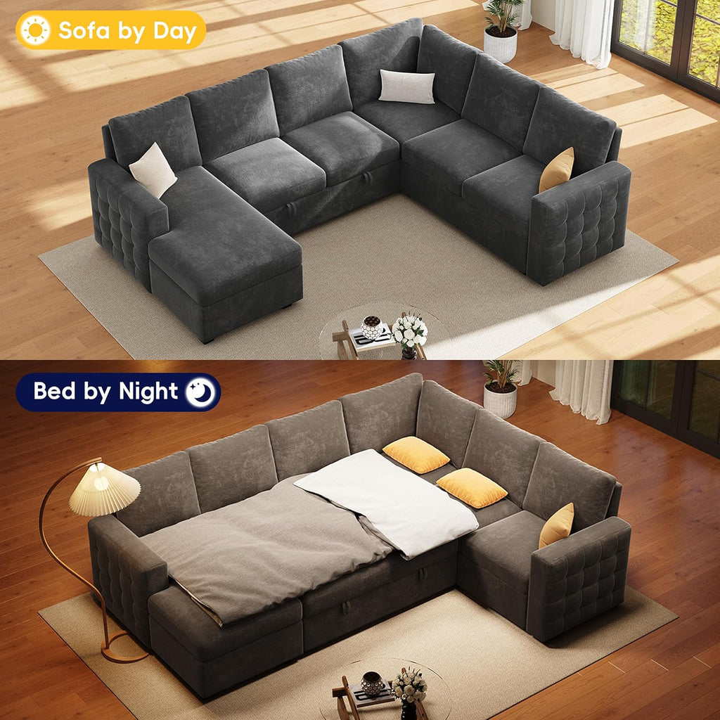 104' Sectional Sleeper Sofa Bed, Pull Out Couch with Storage, Modular Cloud Sofa with Chaise, 7 Seat U Shaped Sectional Couches for Living Room& Apartment, Convertible Sofas, Gray Couch