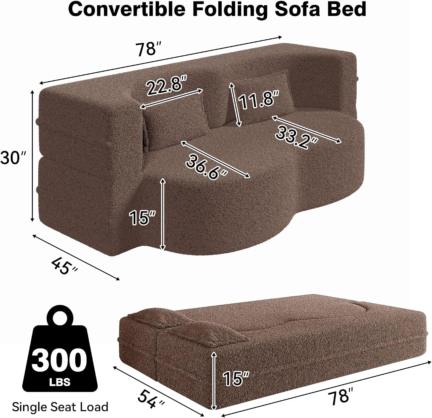 78' Full Size Convertible Folding Sofa Bed, Modern Teddy Fabric Futon Sofa Bed with 2 Pillows, Foam Mattress Futon Loveseat Couch, No Assembly Floor Couches for Living Room, Playroom, Apartment, Brown