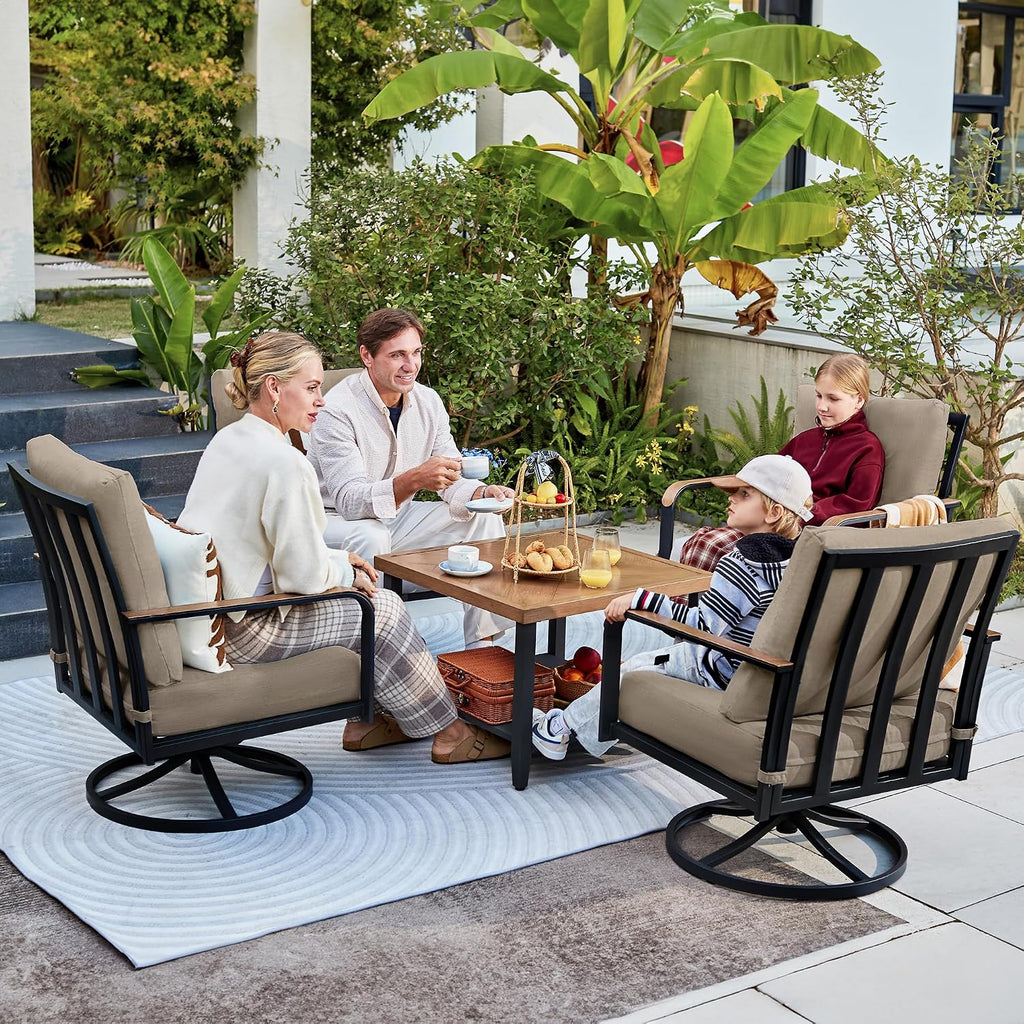 NATURAL EXPRESSIONS 5 Piece Patio Furniture Set,Outdoor Conversation with 4 Pieces Swivel Rocking Chairs,28' Double-Deck Wooden Grain Finish Metal Table, 6' Olefin Cushions for Yard,Porch (Shale)