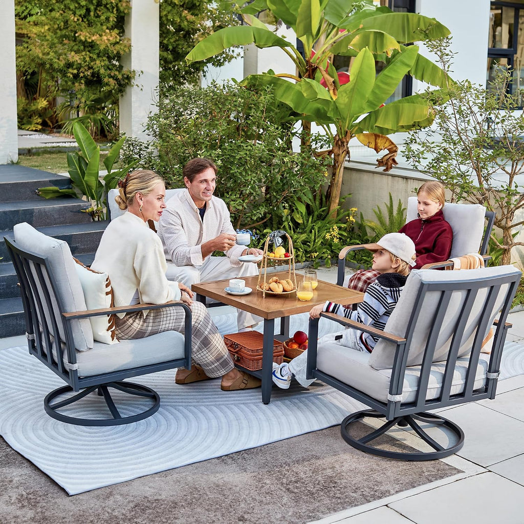 NATURAL EXPRESSIONS 5 Piece Patio Furniture Set, Outdoor Conversation with 4 Pcs Swivel Rocking Chairs and 28' Double-Layer Coffee Table 6' Thick Cushions for Balcony, Backyard, Deck (Light Gray)