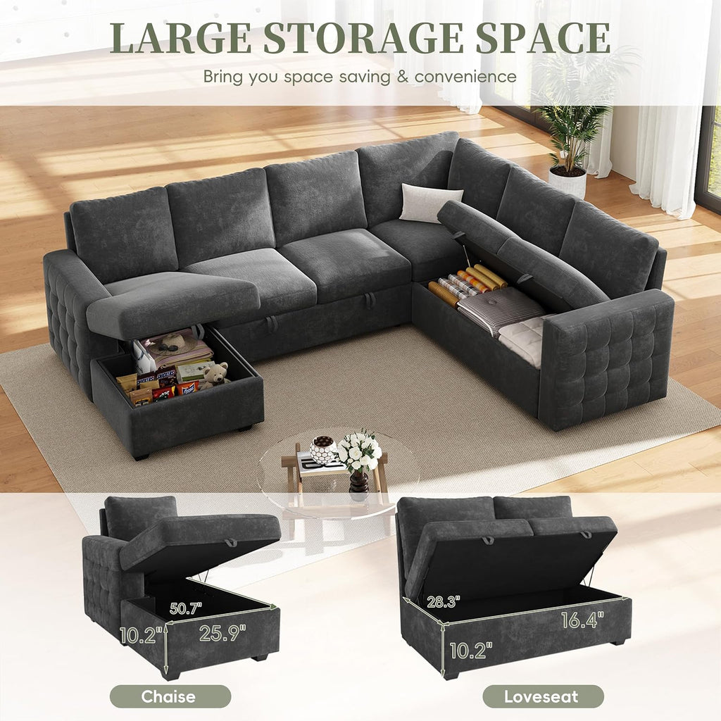 104' Sectional Sleeper Sofa Bed, Pull Out Couch with Storage, Modular Cloud Sofa with Chaise, 7 Seat U Shaped Sectional Couches for Living Room& Apartment, Convertible Sofas, Gray Couch