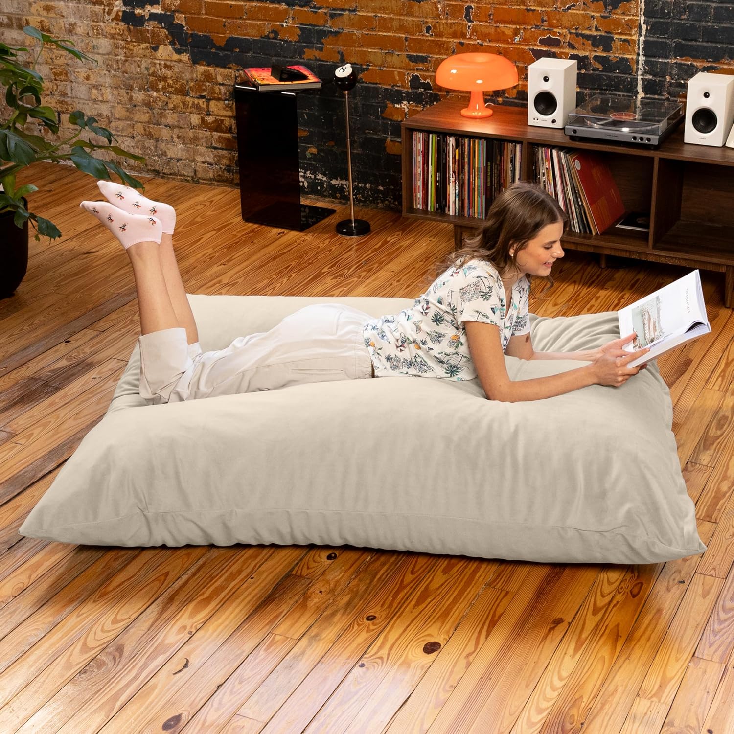 Pillow Saxx Bean Bag Rocking Chair - Elegant Oversized Rocker with Modern Wood Frame, Lush Velvet Ivory