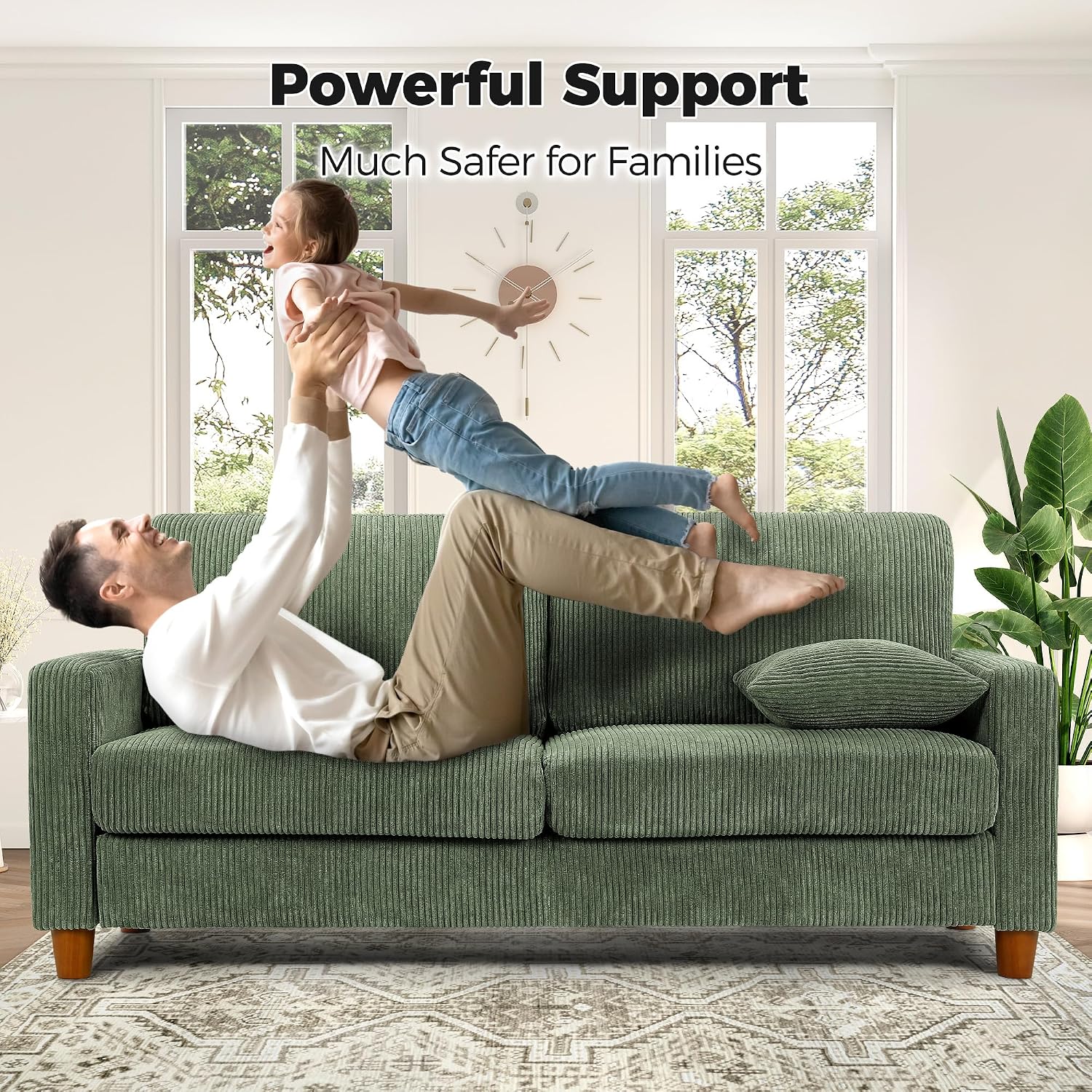 Kidirect 70in U Shaped Couch, Modular Sofa No Tool Assembly, Comfy Sectional Couches for Living Room 21in Deeper Seats, Corduroy Sofas for Living Room with 2 Pillows, Loveseat Sofa Set, Green Couch