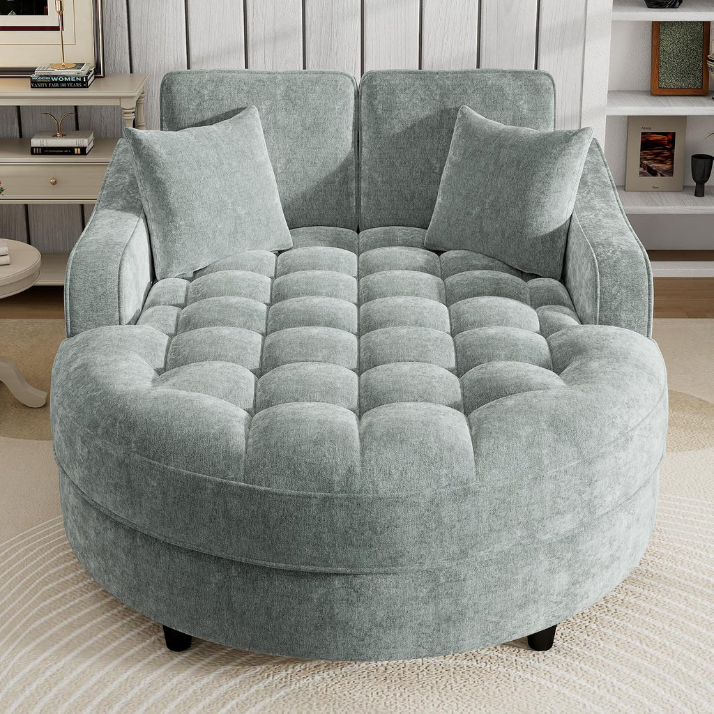 Merax 55' Modern Chaise Lounge Sofa Bed, Chenille Upholstered Couch with Tufted Seat and Removable & Adjustable Pillows for Living Room, Misty Green
