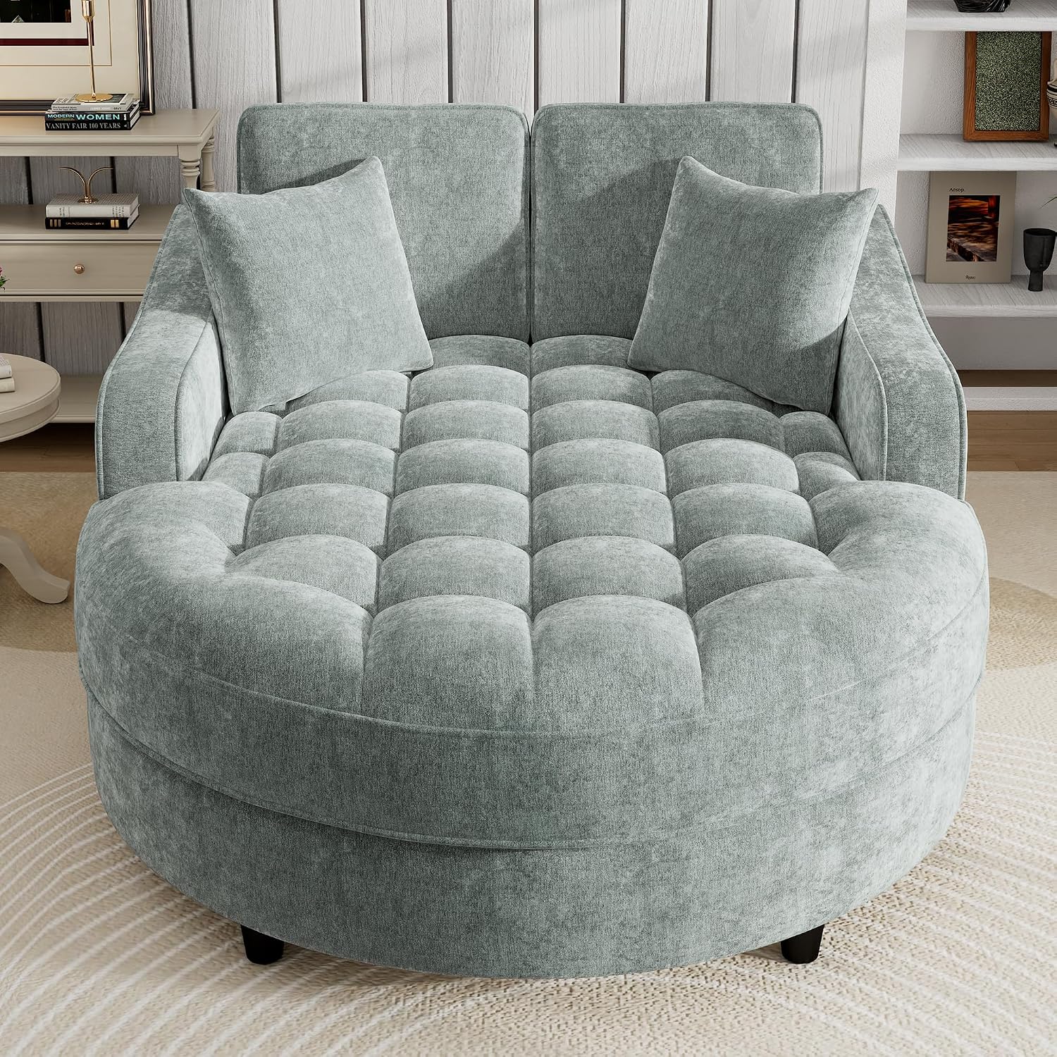 Merax 55' Modern Chaise Lounge Sofa Bed, Chenille Upholstered Couch with Tufted Seat and Removable & Adjustable Pillows for Living Room, Misty Green