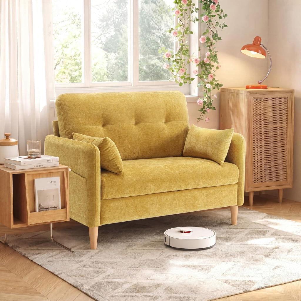 Urhanherry 47' Small Sofa Couch for Bedroom, Soft Chenille loveseat Mini Couch with Throw Pillow and Removable Cushion Cover for Small Spaces, Living Room, Apartment, Dorm, Office(Yellow)