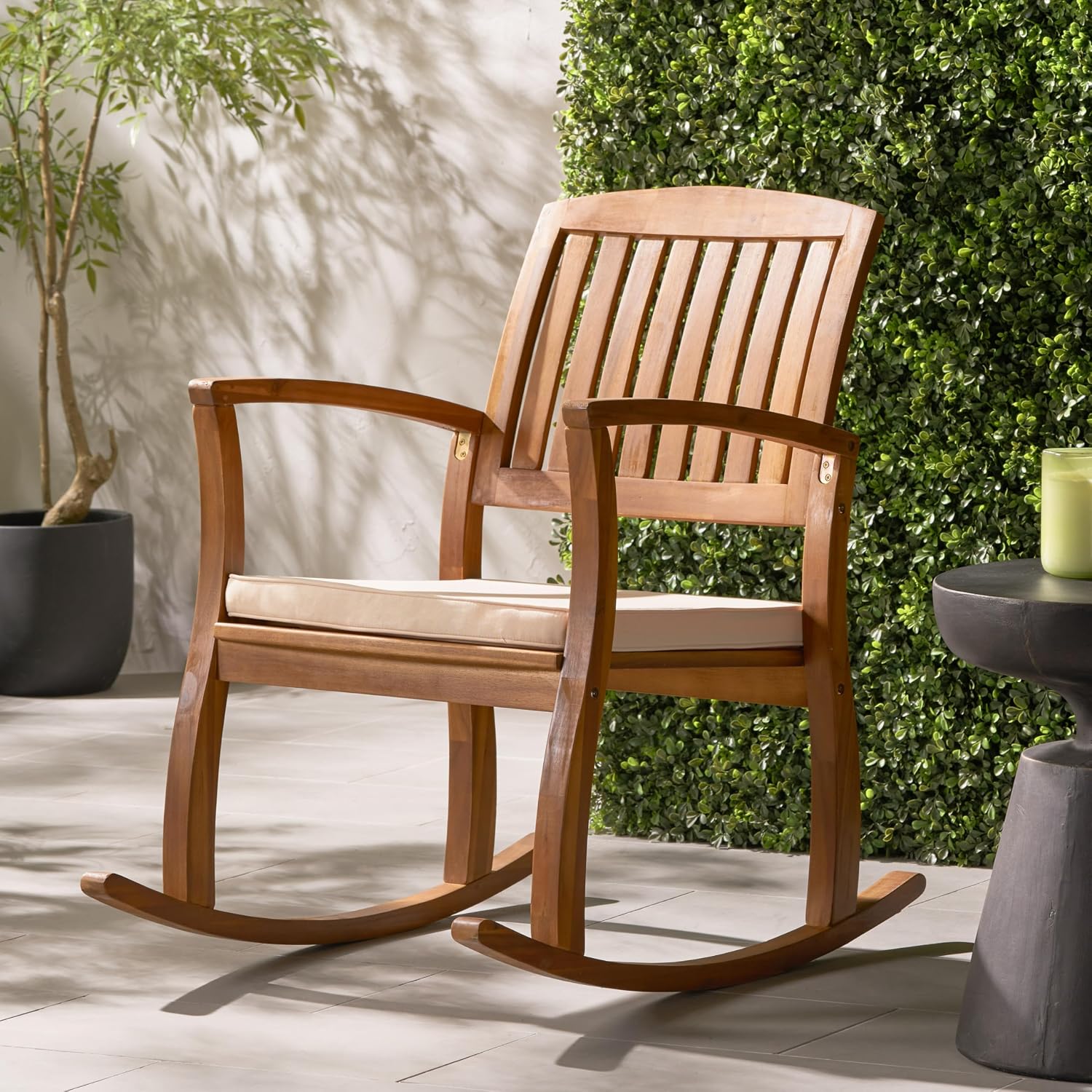 Acacia Wood Outdoor Rocking Chair with Cushions,Weather-Resistant Hardwood & Included Water-Resistant Cushions， Comfortable Slat Back Design for GardenLawn