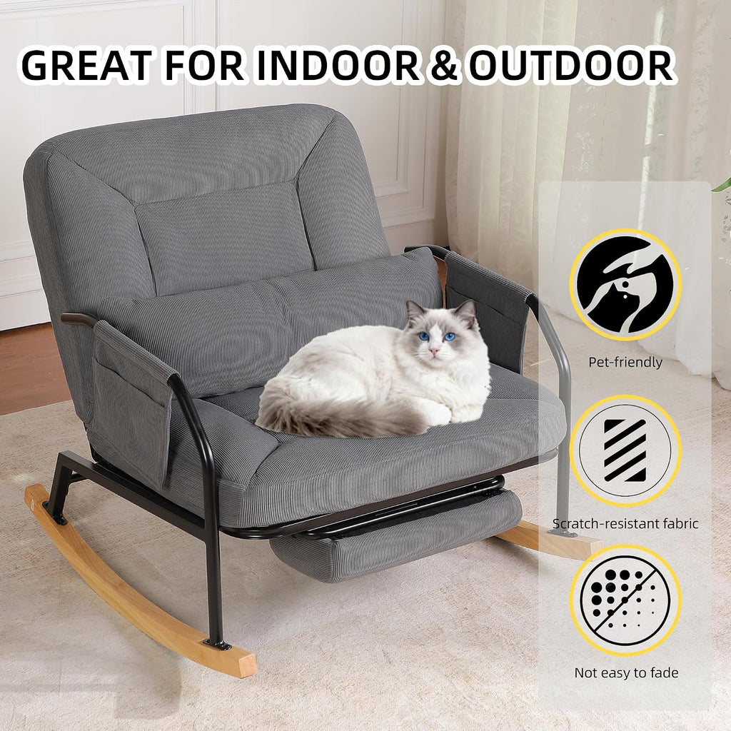 Oversized Rocking Chair, Extra-Wide Glider Patio Rocker Chairs with Foot Rest, Padded Cushion, Adjustable Backrest, Mental Wooden Farm, Indoor/Outdoor Living Room Bedroom Balcony Porch, Grey