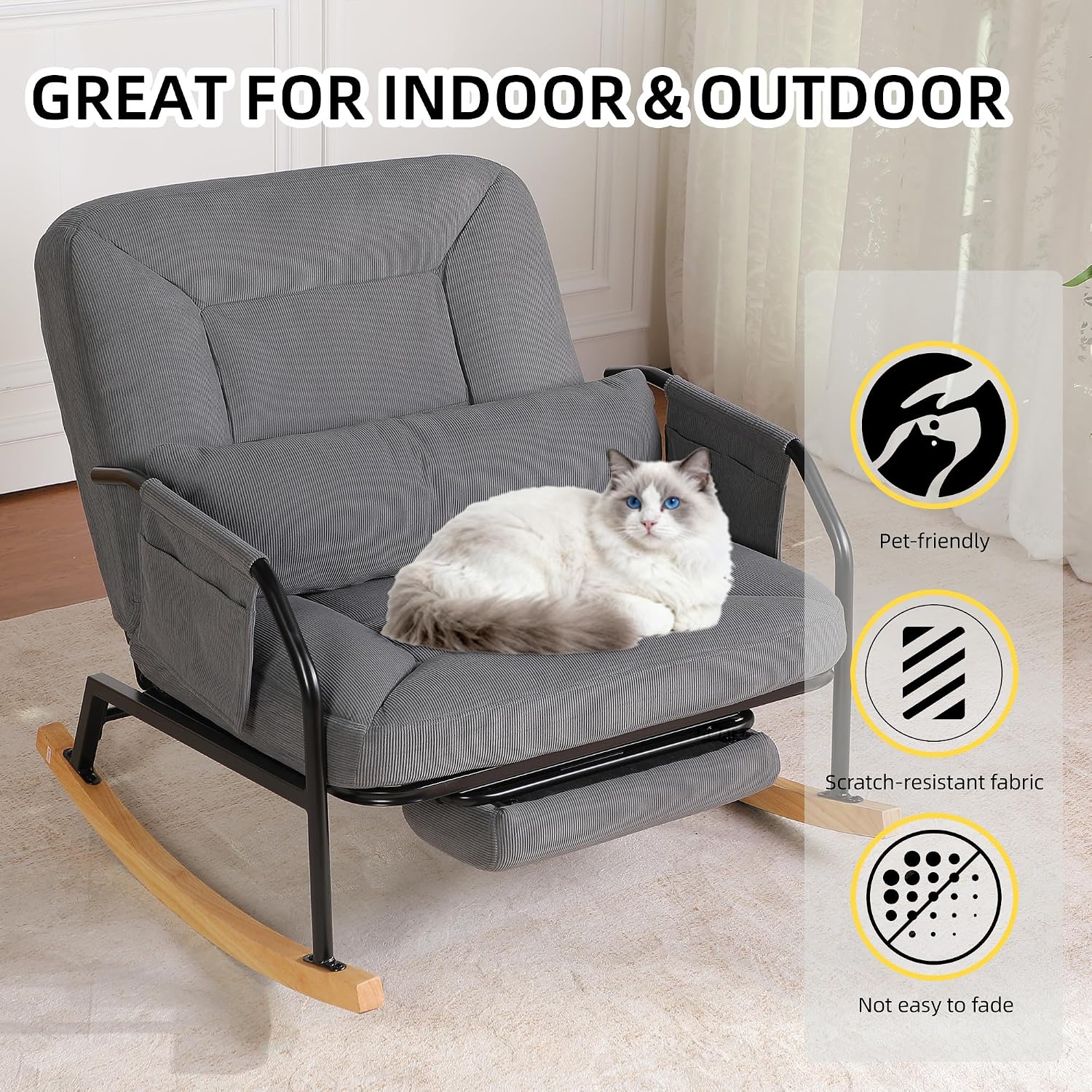 Oversized Rocking Chair, Extra-Wide Glider Patio Rocker Chairs with Foot Rest, Padded Cushion, Adjustable Backrest, Mental Wooden Farm, Indoor/Outdoor Living Room Bedroom Balcony Porch, Grey