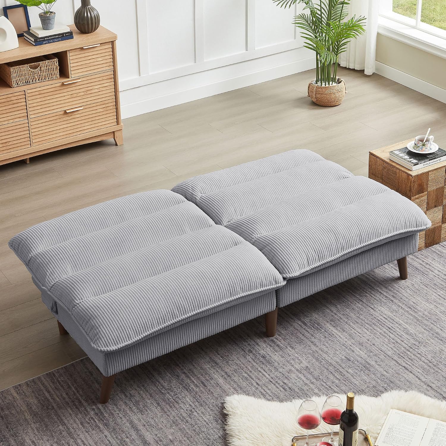 72' Futon Sofa Bed, Futon Couch with Adjustable Backrest, Recliner Small Loveseat for Living Room, Office, Apartment, Corduroy Loveseat, Light Grey