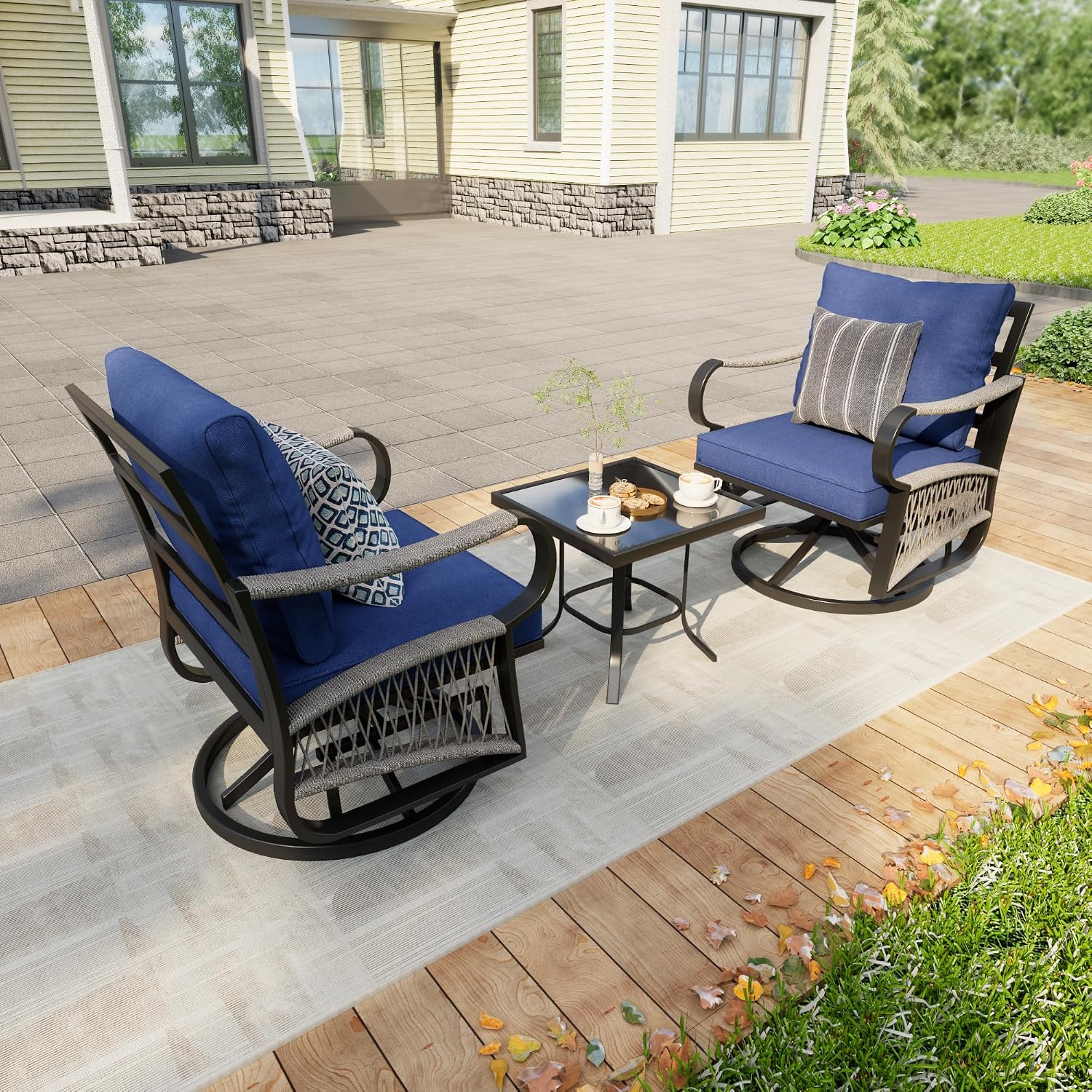 3 Pieces Glider Rocking Chairs, Outdoor Swivel Rocker Chairs with Blue Padded Cushions, Patio Bistro Furniture Set with Side Table for Porch Balcony Backyard Deck Poolside, Blue