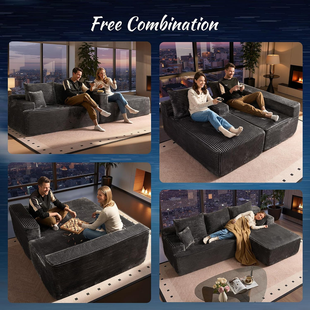 ovios 104' Cloud Boneless Couch with Glitter Fabric, Moudular Sectional Sofa with Deep Seat, No Assembly Required, Modern Minimalist L Shaped Couches with Chaise for Living Room, Grey