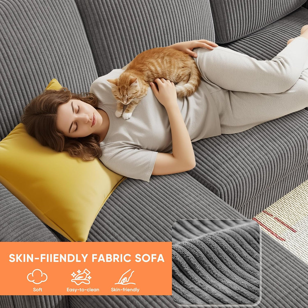 YESHOMY Couches for Living Room, Sofa with Movable Ottoman, Small Couch with Reversible Chaise and Side Pockets, L Shaped Couch for Small Space, Apartment (Corduroy, Grey)