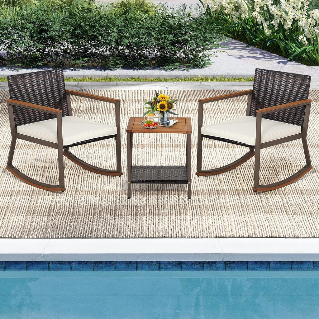 Outdoor Rocking Chair Set, 3 Pieces Patio Set Rocking Chair with Coffee Table & Cushions, Patio Wicker Furniture Set Outdoor Bistro Set for Balcony, Porch & Backyard (White)