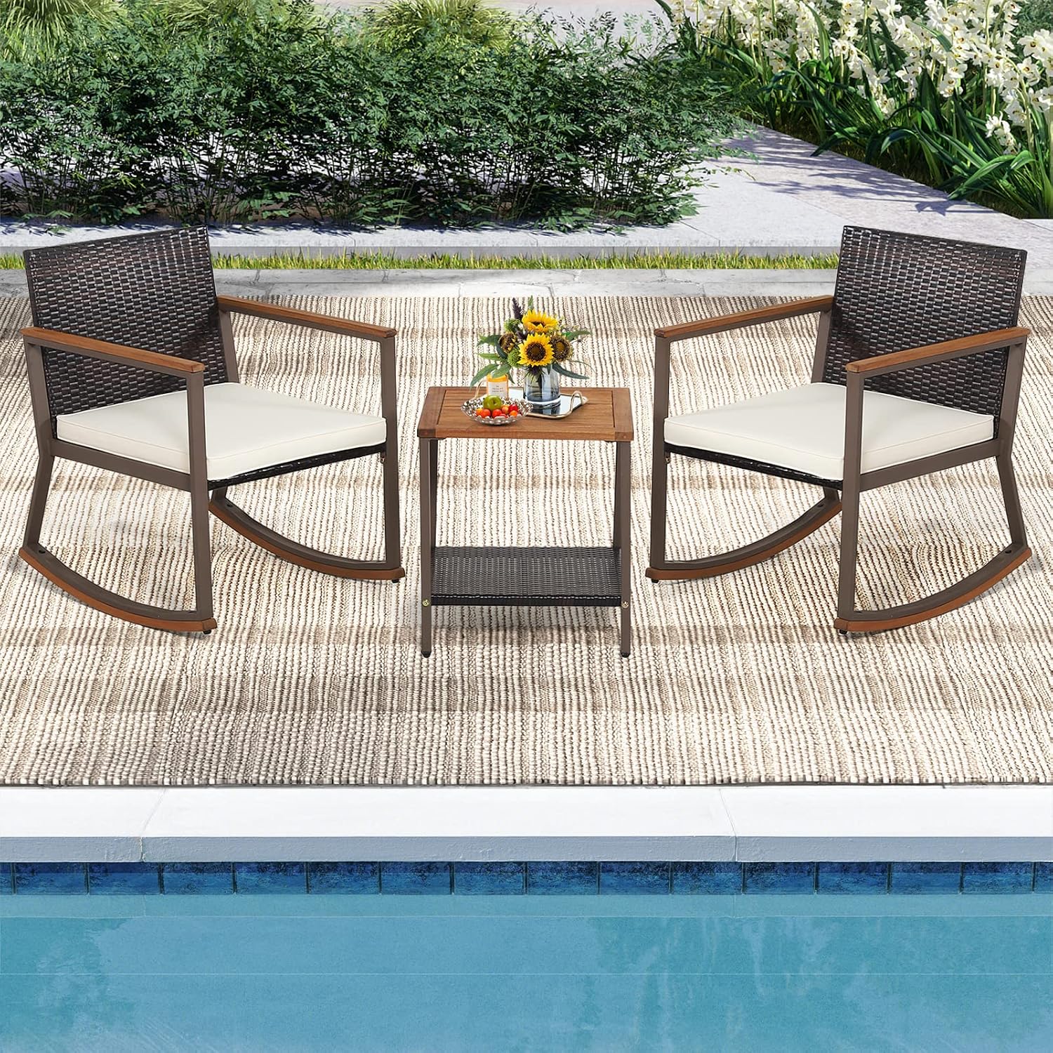 Outdoor Rocking Chair Set, 3 Pieces Patio Set Rocking Chair with Coffee Table & Cushions, Patio Wicker Furniture Set Outdoor Bistro Set for Balcony, Porch & Backyard (White)