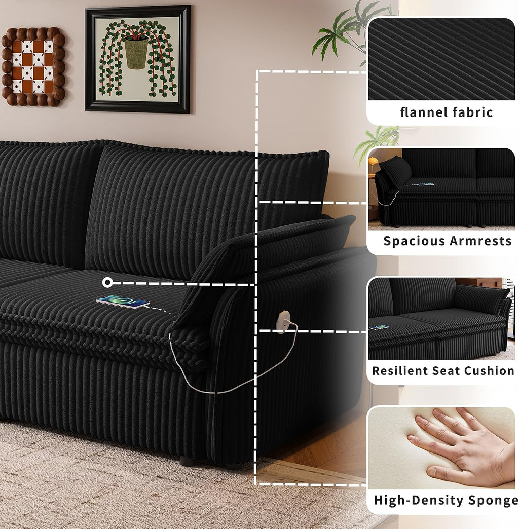 85' Convertible Sofa Bed with Storage Ottoman, Plush Corduroy Fabric Loveseat Pull Out Couch with Adjustable Backrest and USB Charger, 2 Soft Pillows, Couch Bed for Living Room, Small Space,Black