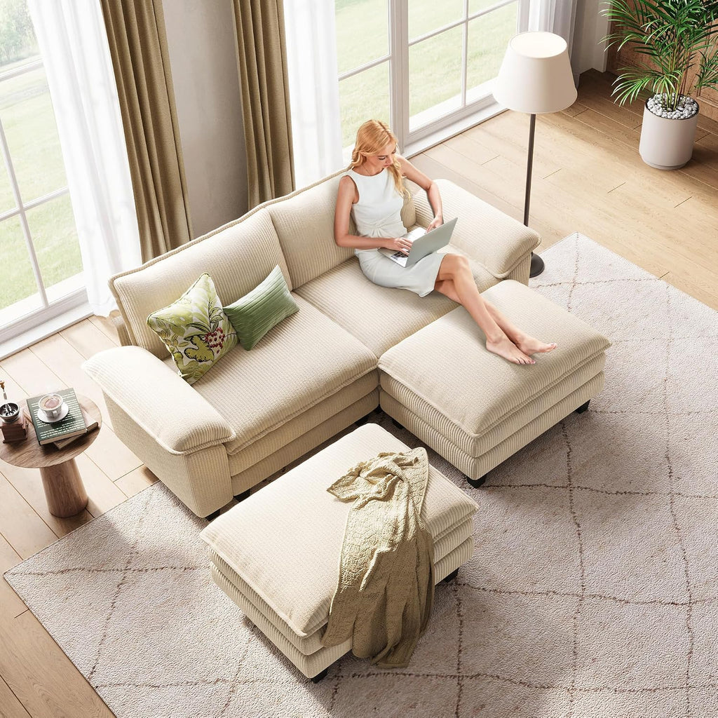 LINSY HOME 90' Modular Cloud Love Seat Sofa, Corduroy Soft Sectional Couch, Modern Comfy Love Seat with 2 Movable Ottoman, Perfect for Living Room, Apartment, Office, Beige