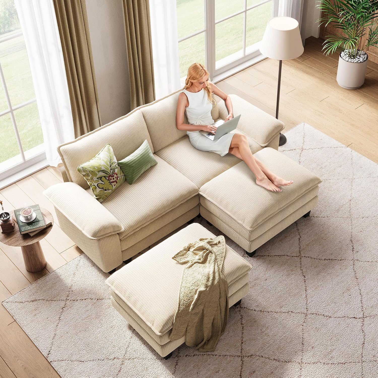 LINSY HOME 90' Modular Cloud Love Seat Sofa, Corduroy Soft Sectional Couch, Modern Comfy Love Seat with 2 Movable Ottoman, Perfect for Living Room, Apartment, Office, Beige