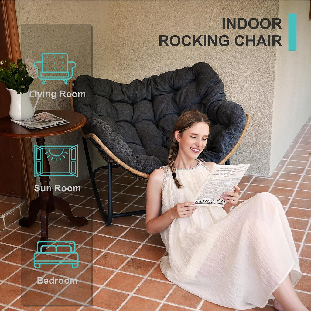 SWITTE Outdoor Rocking Chair, Indoor Papasan Rocking Lounge with Thick Cushion, Oversized Cozy Patio Rocker for Bedroom, Living Room, Porch, Garden, Lawn-Dark Grey