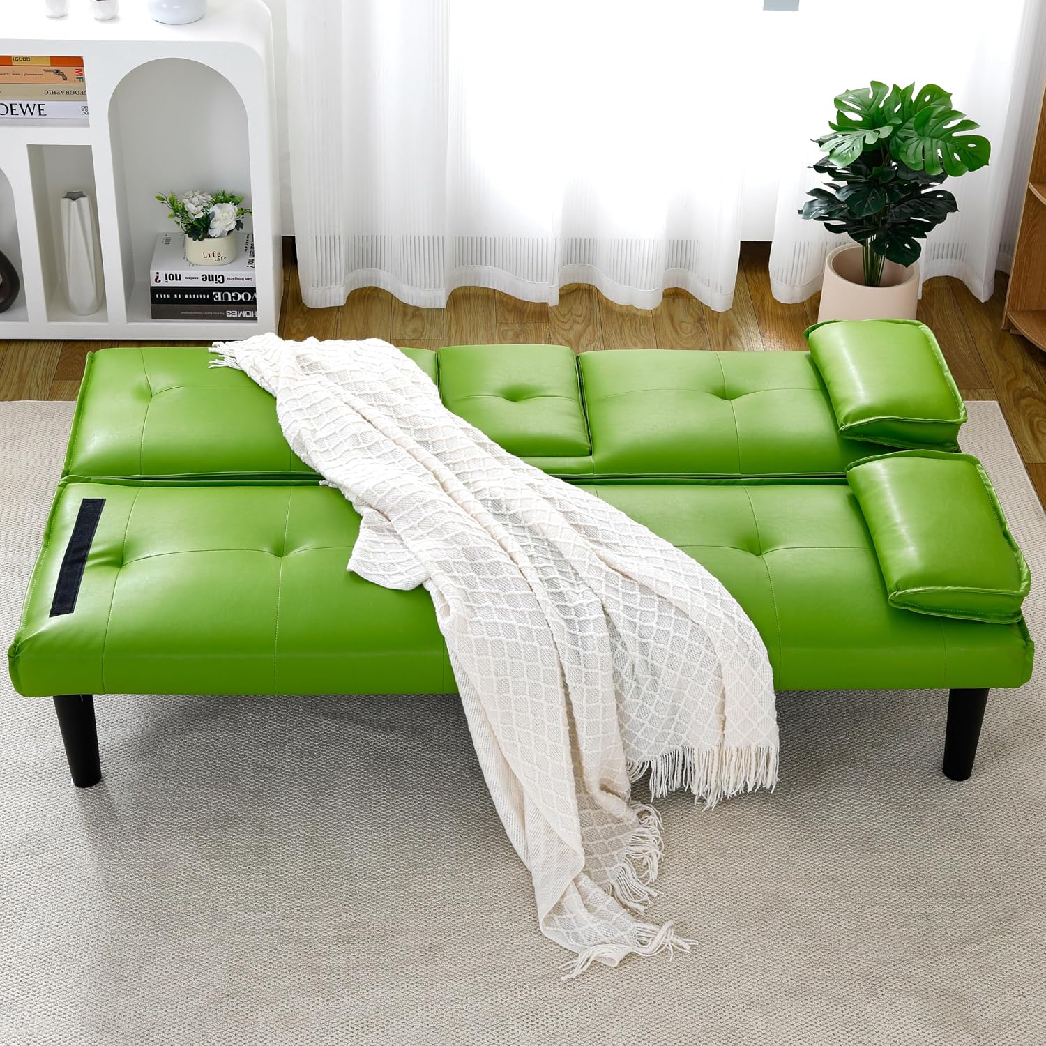 KEIKI 67' Convertible Sofa Bed with Cup Holder, 3 in 1 Futon Sofa Bed, PVC Sleeper Sofa Chair for Living Room, Office, Green