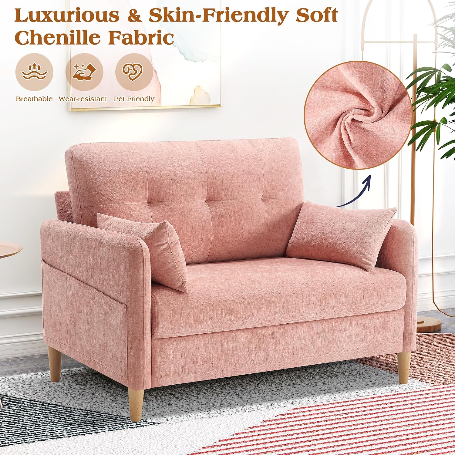 Hanherry Loveseat Sofa, 44' Small Couch for Living Room, Chenille Fabric Love Seat Comfy Sofa for Bedroom with Throw Pillow,Removable Cushion Cover,Couches for Small Space,Apartment,Dorm