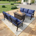 3 Pieces Modern Patio Furniture Set, All Weather Metal Outdoor Conversation Sets with Fire Pit Table for Backyard Garden Deck Porch Poolside, Blue