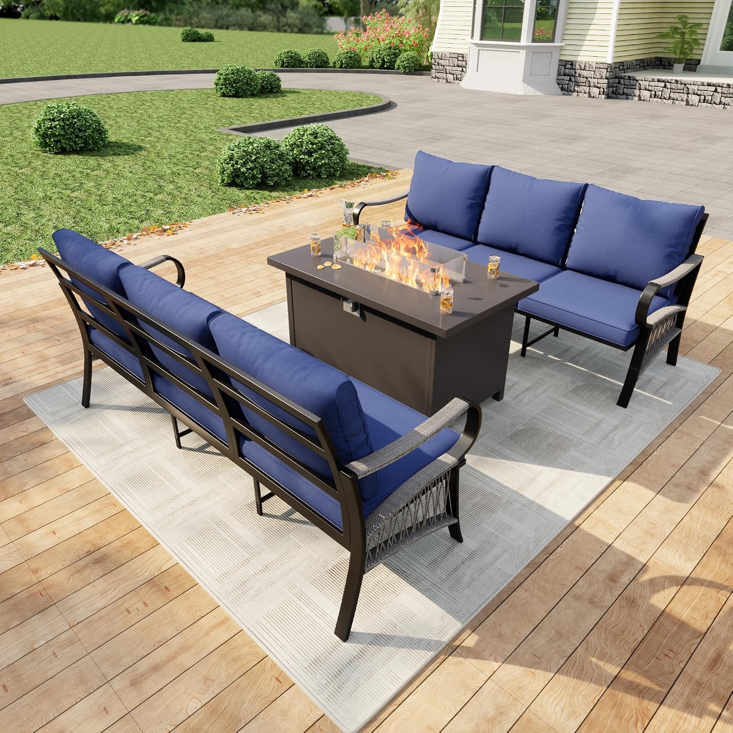 3 Pieces Modern Patio Furniture Set, All Weather Metal Outdoor Conversation Sets with Fire Pit Table for Backyard Garden Deck Porch Poolside, Blue