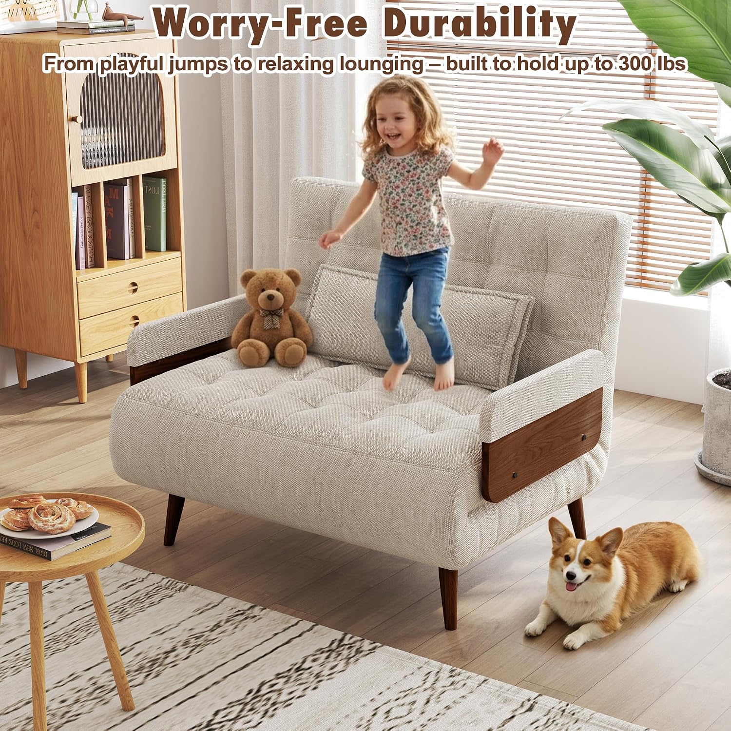 JASIWAY Convertible Sleeper Chair Bed for Adults, 3 in 1 Linen Convertable Futon Chair with Pillow, Fold Out Single Sleeper Couch Guest Bed for Small Spaces, Bedroom Mid-century with Walnut Arm, 36.6'