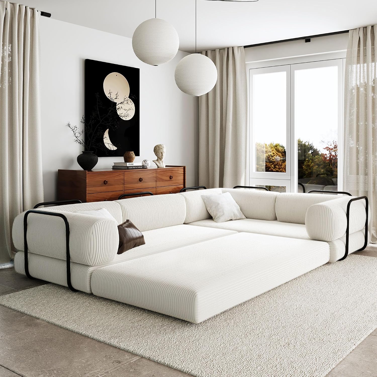 Merax L-Shaped Modular Sofa Bed in Corduroy Fabric, Convertible Sleeper Sofa Bed, 4 Seat Floor Couch for Living Rooms and Apartments, No Assembly Required, Beige