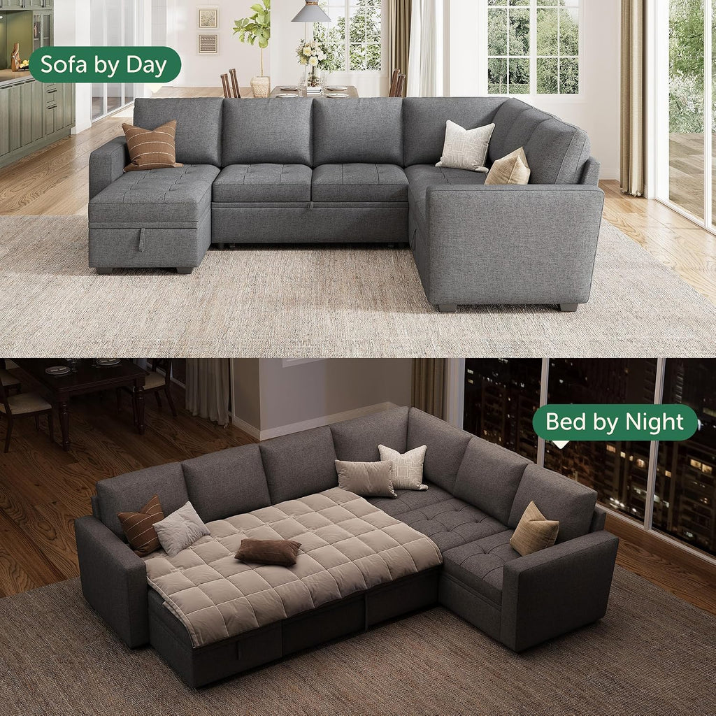 HONBAY Modular Sectional Sleeper Sofa with Pull Out Bed, Convertible L Shaped Couch with Storage Seat, Sectional Couches for Living Room,Grey