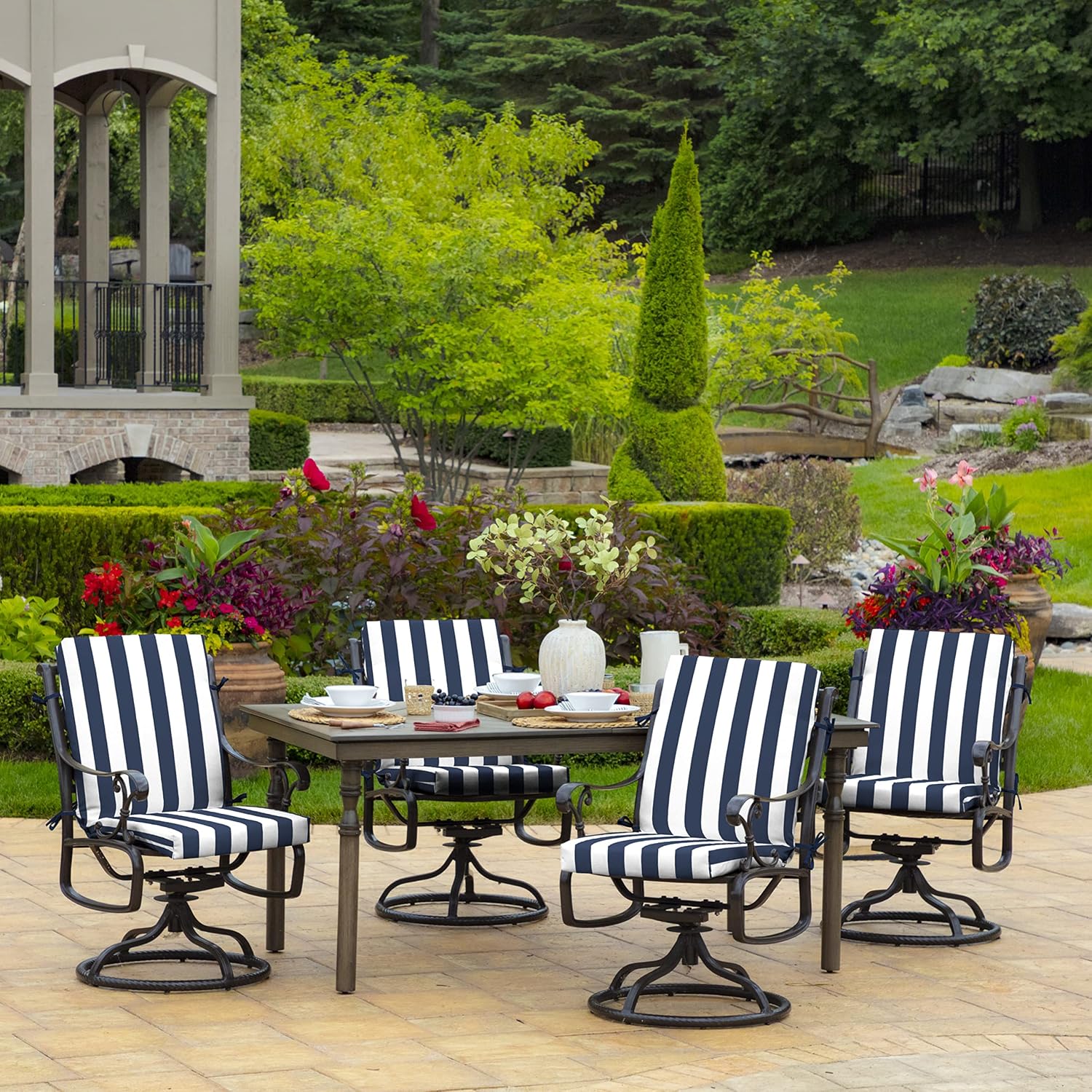 Arden 4-Pack Outdoor Patio Dining Chair Cushion, 20x44, Rain-Proof Seat Pad, Fade-Resistant Outdoor Cushion Sapphire Blue Cabana Stripe