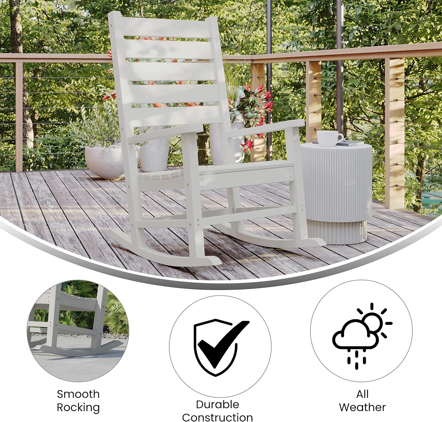 Flash Furniture Manchester Commercial Grade Outdoor Rocking Chair, All-Weather HDPE Indoor/Outdoor Rocker, White